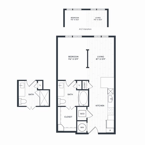Floor plan for 1 bed, 1 bath, 595 sqft
